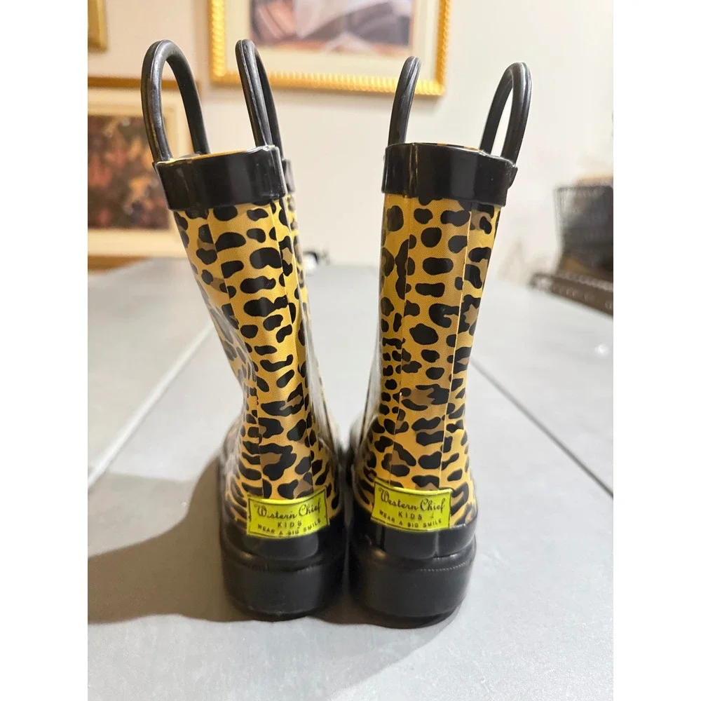 Vintage Western Chief Kids Leopard Print Rain Boots Yellow Pull Handles Size 9